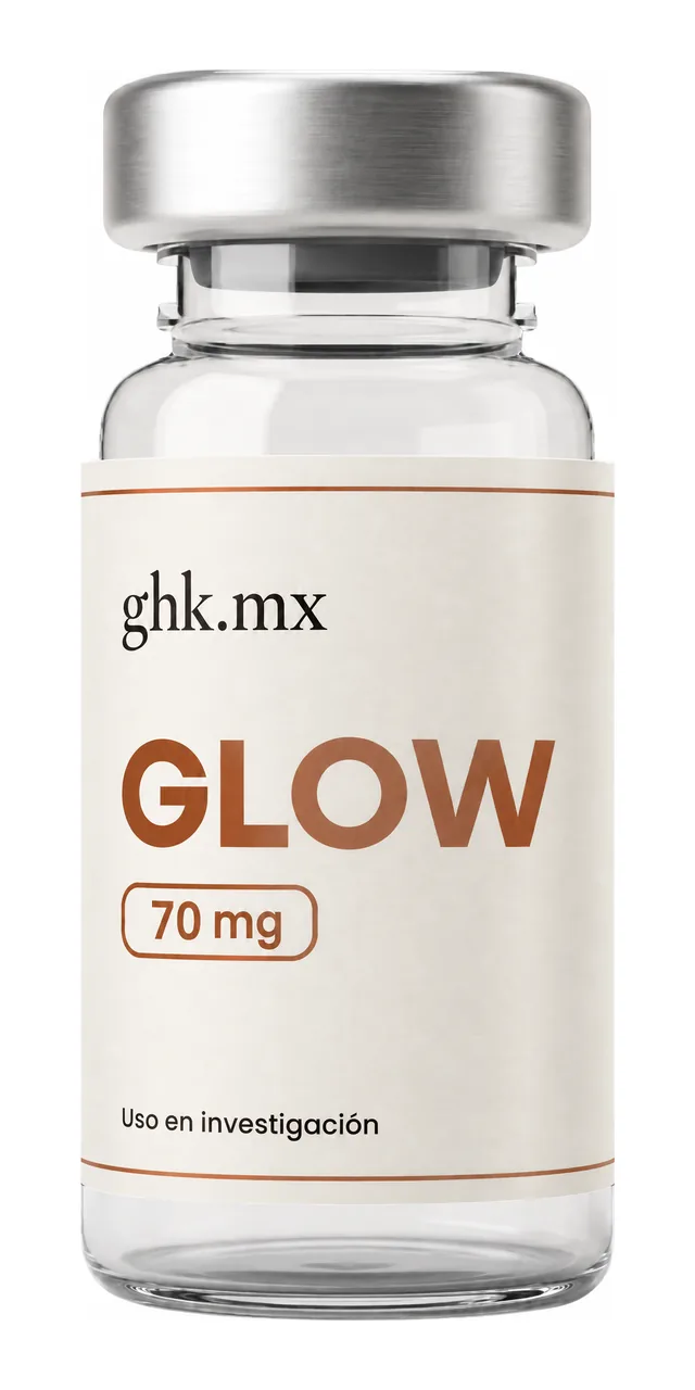 Vial de investigación GLOW de 70 mg: vidrio transparente, tapa de aluminio y etiqueta marfil ghk.mx en cobre.